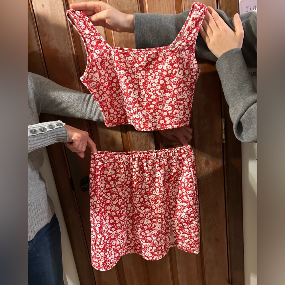 Red with white flowers skirt and shirt set!